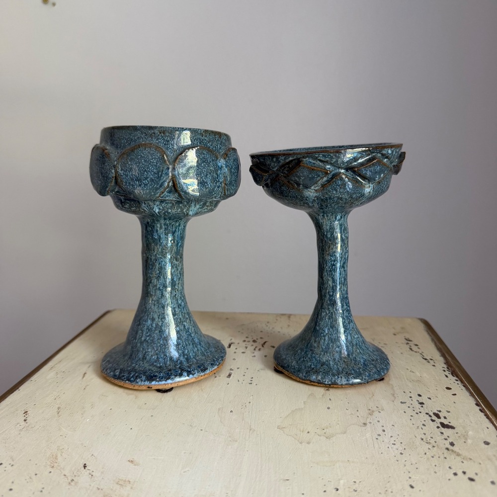 Vintage Studio Pottery Blue Glazed Chalice Set Handcrafted Ceramic Goblets 2pc